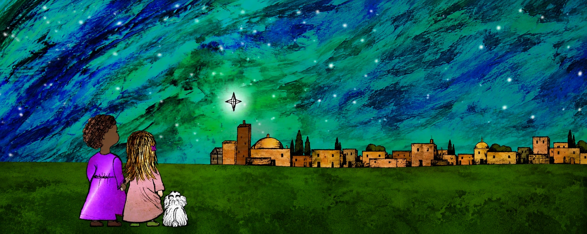 Two children and their dog beneath a glowing star, looking toward Bethlehem