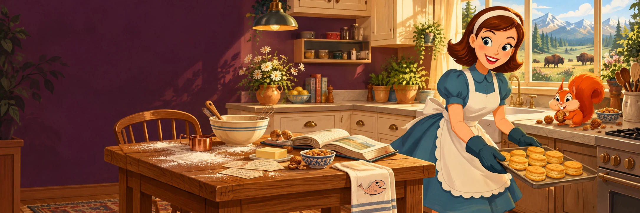 A warm illustrated kitchen with biscuits, a curious squirrel, and Nancy’s cookbook character