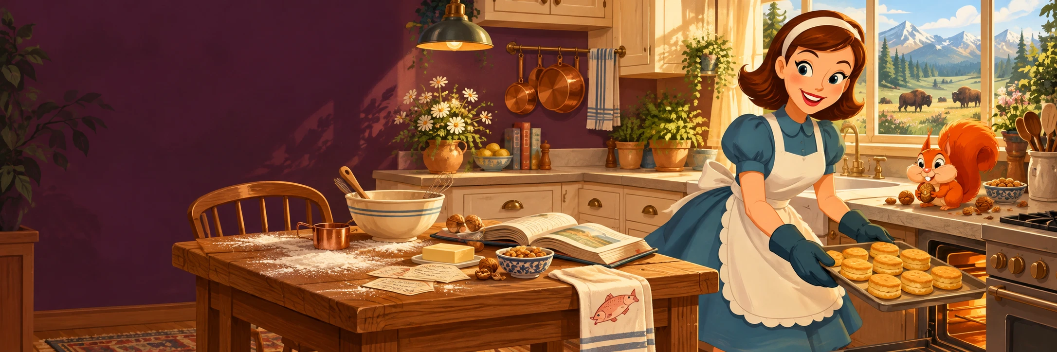 A warm illustrated kitchen with biscuits, a curious squirrel, and Nancy’s cookbook character